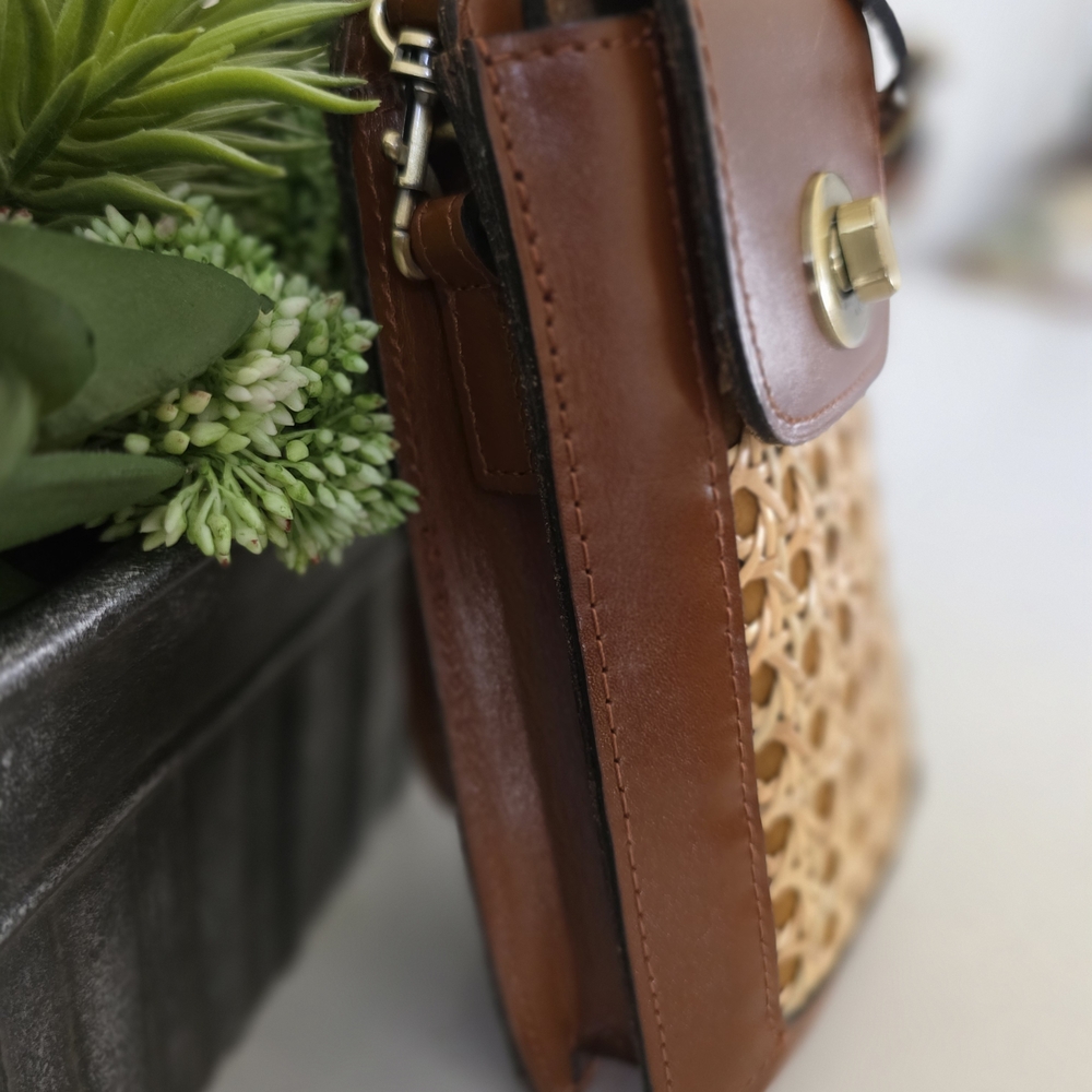 Patricia Nash Woven Rattan Cognac Leather Phone Crossbody Bag Boho Resort Summer - Picture 4 of 11
